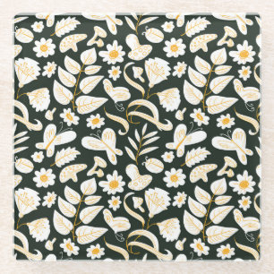 Butterflies & Flowers: Doodle Summer Pattern. Glass Coaster