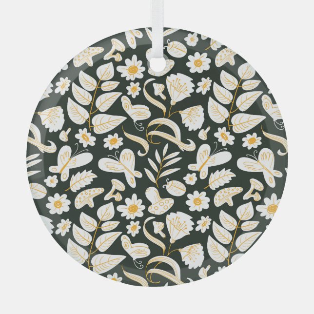 Butterflies & Flowers: Doodle Summer Pattern. Glass Tree Decoration (Front)