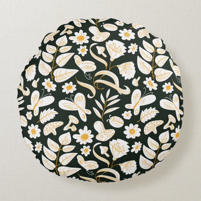 Butterflies & Flowers: Doodle Summer Pattern. Round Cushion (Front)