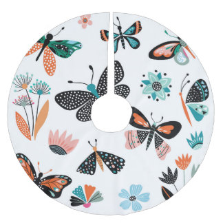 Butterflies Flowers: Hand Drawn Collection Brushed Polyester Tree Skirt