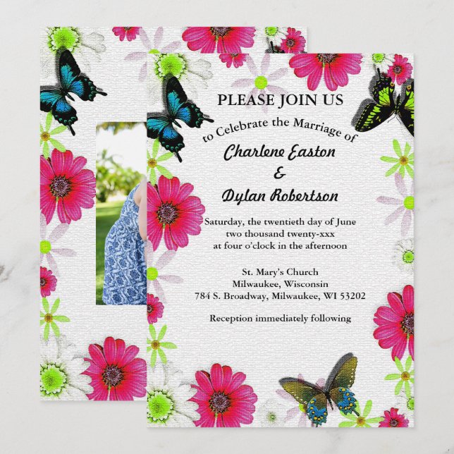 Butterflies & Flowers in Mosaic Add Couple Photo Invitation (Front/Back)