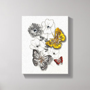 Butterflies Flowers Red Gold Gray Minimalist Style Canvas Print