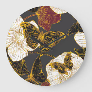 Butterflies & Flowers: Spring Boho Pattern Large Clock