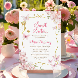 Butterflies Flowers With Gold Glitter Sweet 16  Invitation