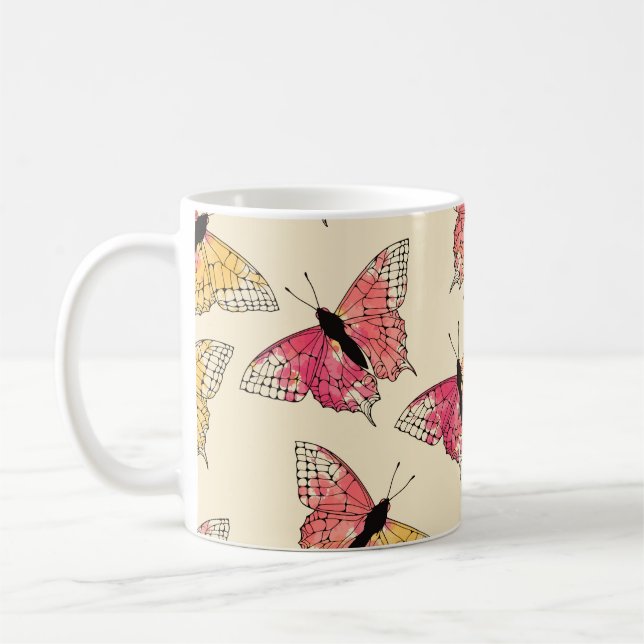 Butterflies flying: seamless ivory pattern coffee mug (Left)