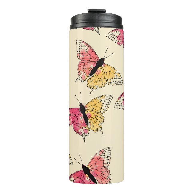 Butterflies flying: seamless ivory pattern thermal tumbler (Front)