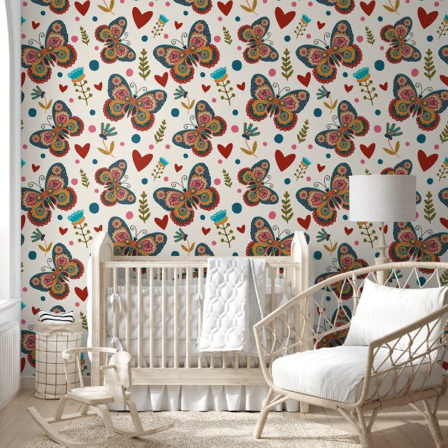 Butterflies Folk Hearts Floral Whimsical Pattern Wallpaper (Kids)