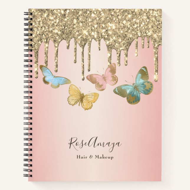 Butterflies Girly Glitter Drips Personalised Notebook (Front)