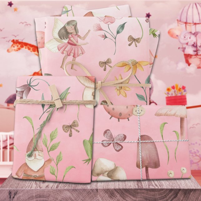 Butterflies Gnomes & Winged Fairies Garden Pink Wrapping Paper Sheet (Butterflies Gnomes & Winged Fairies Garden Pink Kids Gift Wrapping Paper Sheets Trio)