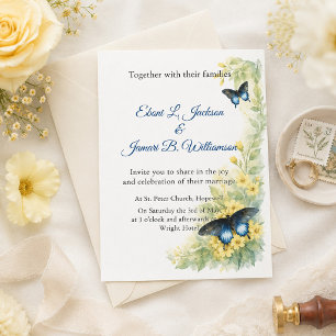 Butterflies & Golden Blooms Watercolor Wedding  Invitation