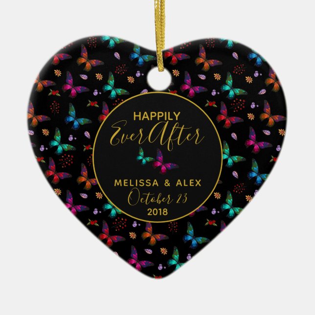 Butterflies Happily Ever After Wedding Ceramic Tree Decoration (Front)