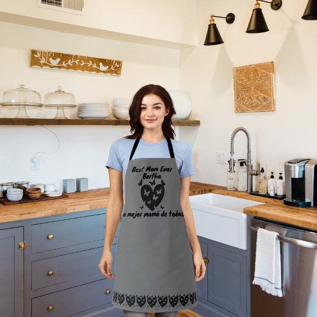Butterflies & Heart Custom Name, Bilingual Grey Apron (Gray Bilingual apron, Best Mom Ever, La mejor mamá de todas, custom name.  multilingual project)