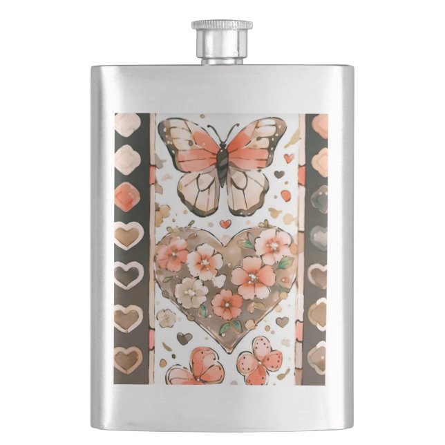 Butterflies, Hearts and Flowers Hip Flask (Front)