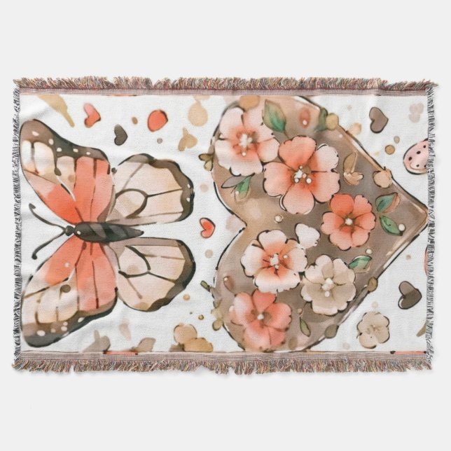 Butterflies, Hearts and Flowers Throw Blanket (Front)