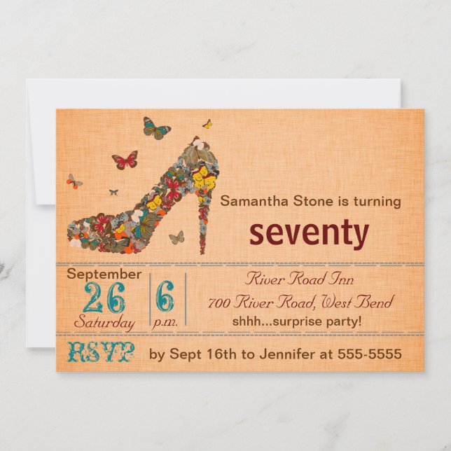 Butterflies High Heel 70th Birthday Invite (Front)