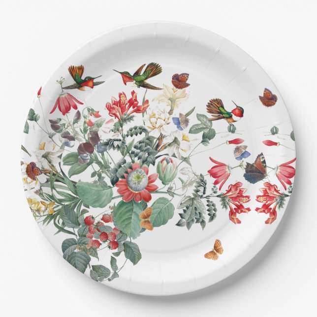 Butterflies Hummingbird Birds Garden Flowers Party Paper Plate (Front)