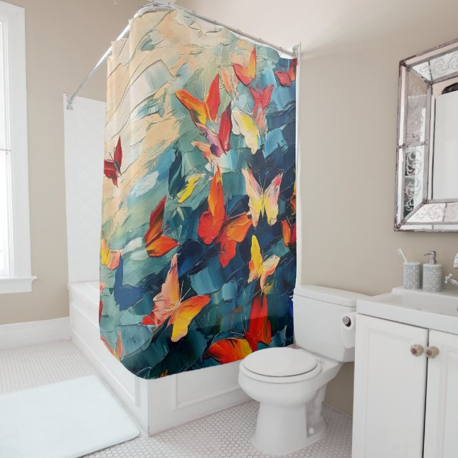 Butterflies in Motion – Expressive Abstract Flight Shower Curtain (In Situ)