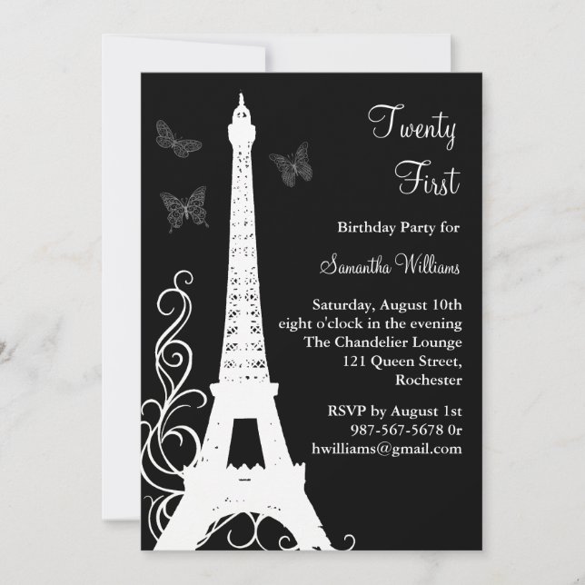 Butterflies in Paris 21st Birthday Invite black (Front)