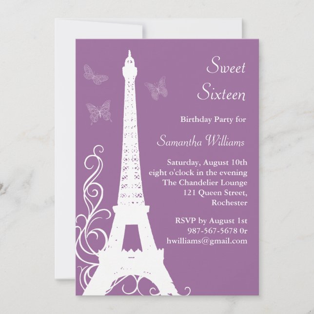 Butterflies in Paris Birthday Invite purple (Front)
