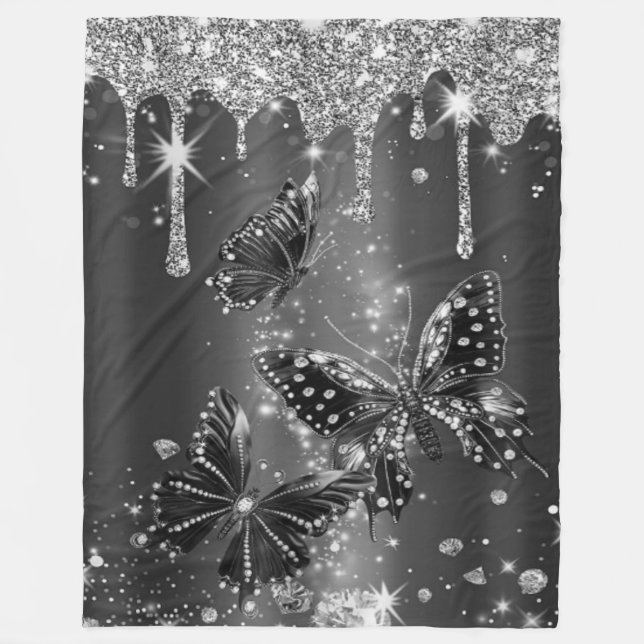 Butterflies in Silver Glow Fleece Blanket (Front)