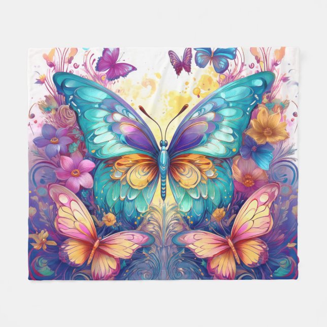 Butterflies in Watercolor Fleece Blanket (Front (Horizontal))