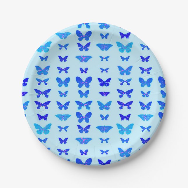 Butterflies, indigo, sky blue background paper plate (Front)
