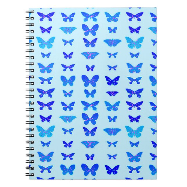 Butterflies, indigo, sky blue background spiral notebook (Front)