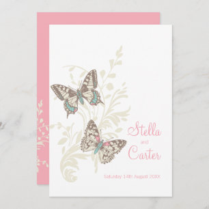 Butterflies inked art pink cream white wedding invitation
