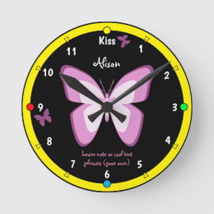 Butterflies & Kiss Clock, Girls Wonderland Fashion Round Clock