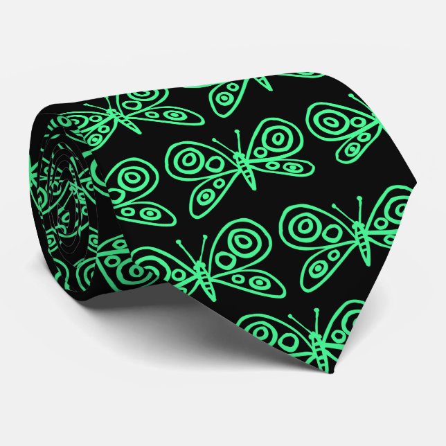 Butterflies - Mint Green on Black Tie (Rolled)