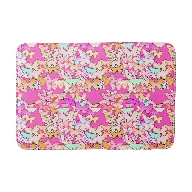 Butterflies, multi and deep pink bath mat (Front)
