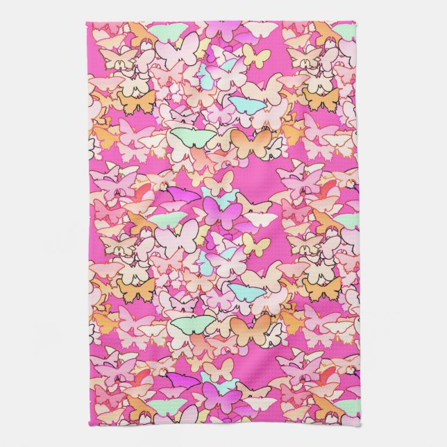 Butterflies, multi and deep pink tea towel (Vertical)