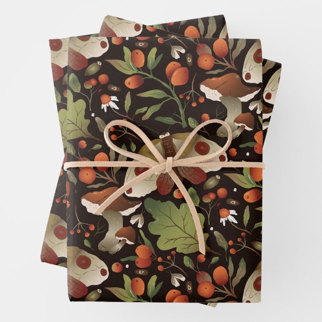 Butterflies, Mushrooms, Forest Plants and Berries Wrapping Paper Sheet (In situ)