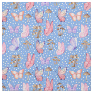 Butterflies & Mushrooms on Blue Fabric