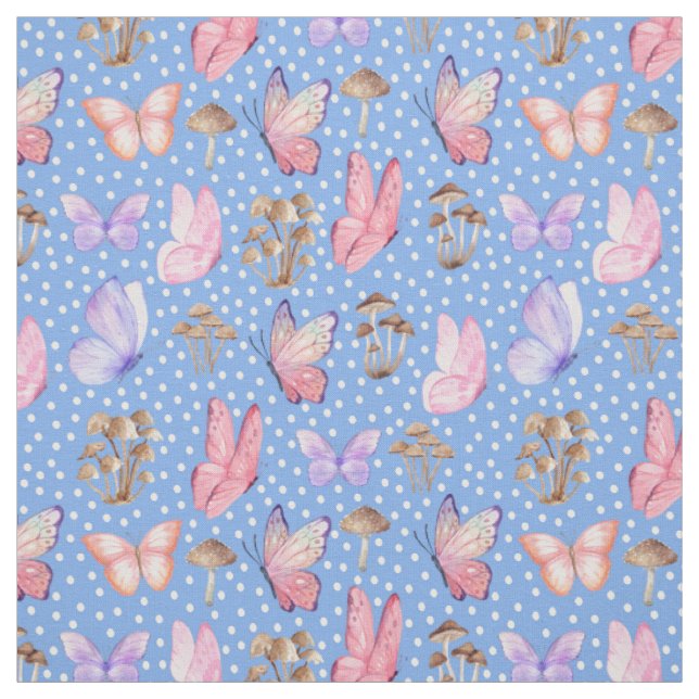 Butterflies & Mushrooms on Blue Fabric (Swatch)