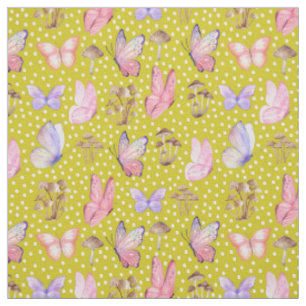Butterflies & Mushrooms on Dark Yellow Fabric