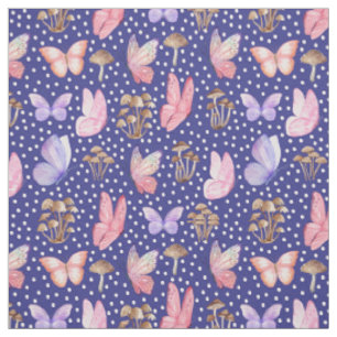 Butterflies & Mushrooms on Royal Blue Fabric