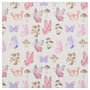Butterflies & Mushrooms on White Fabric