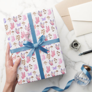 Butterflies & Mushrooms on White Wrapping Paper