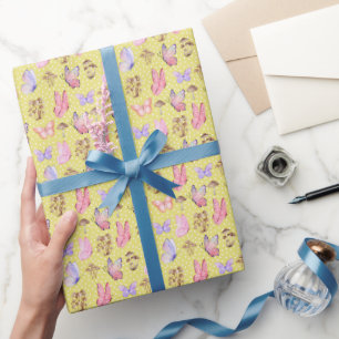 Butterflies & Mushrooms on Yellow Wrapping Paper