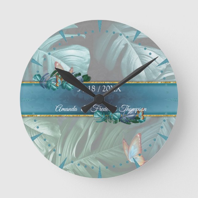 Butterflies of Paradise/Tropical Turquoise Splash Round Clock (Front)