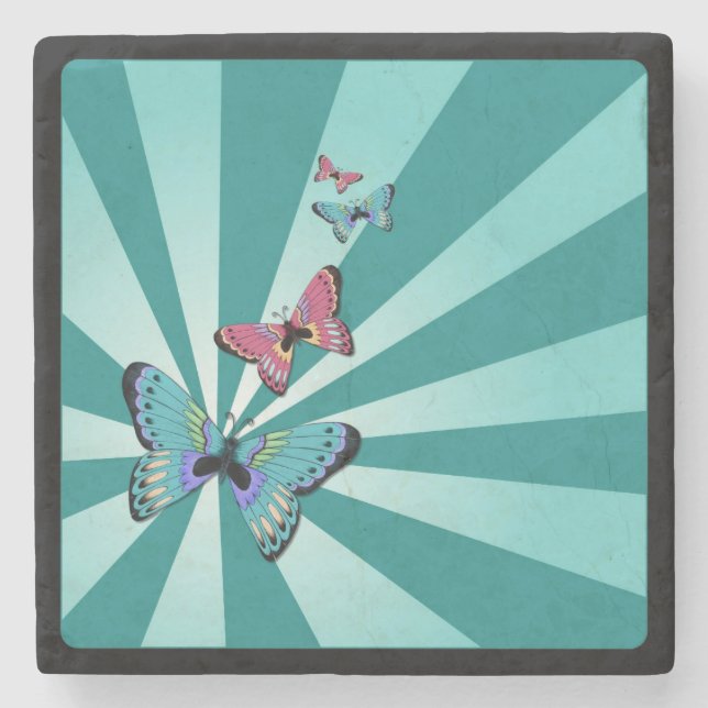 Butterflies on a Blue Sunburst Stone Coaster (Front)