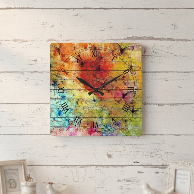 Butterflies on a Colourful Rustic Wood Square Wall Clock (Creator Uploaded)