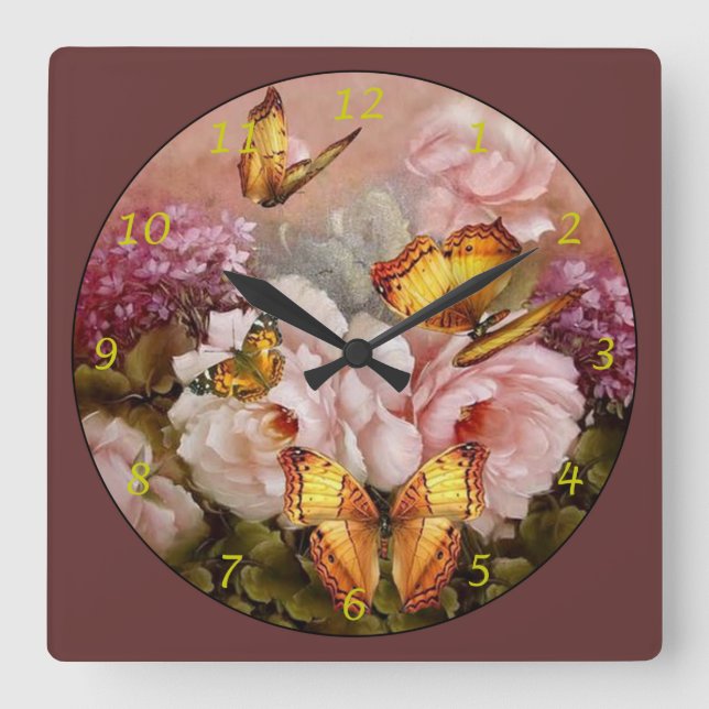 Butterflies on Flowers Square Wall Clock (Front)