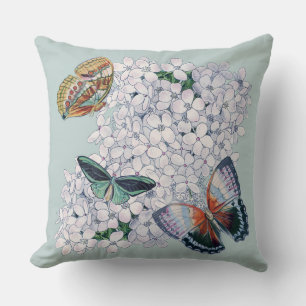 Butterflies on Hydrangea in tones of teal Cushion