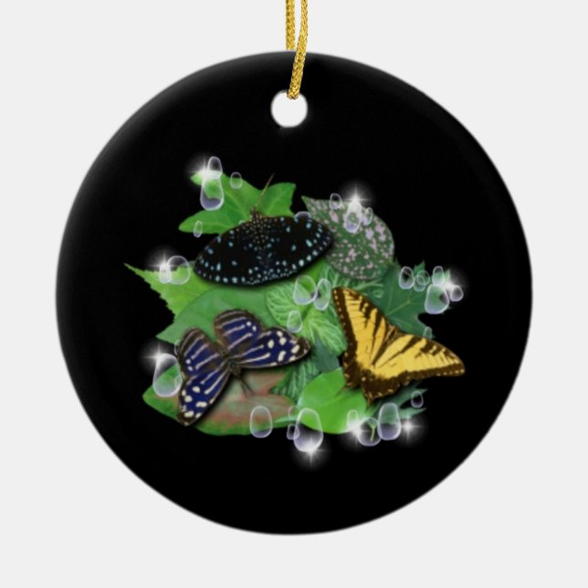 Butterflies on Leaves Ceramic Tree Decoration (Front)