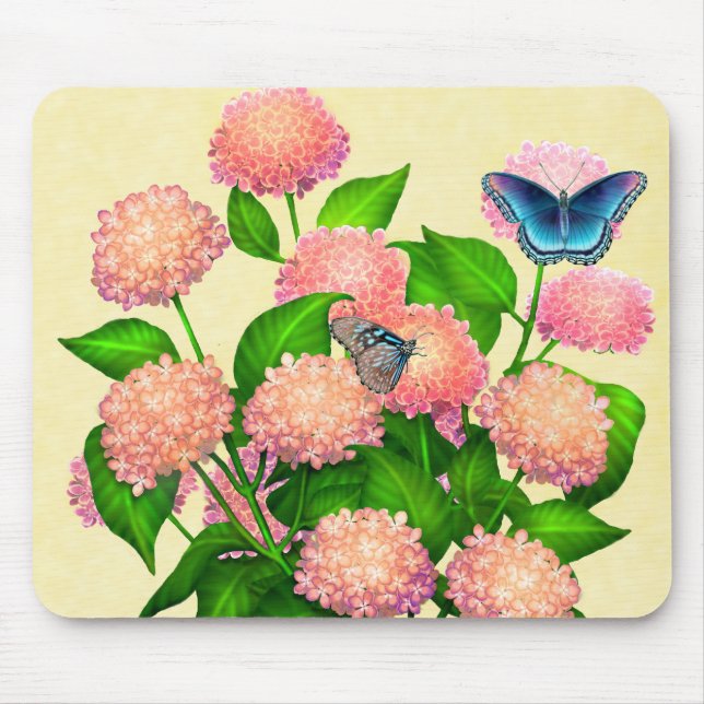 Butterflies on Pink Hydrangeas Mousepad (Front)