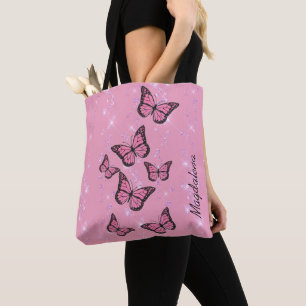 butterflies on pink simulated glitter tote bag