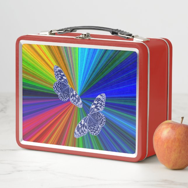 Butterflies on rainbow colors metal lunch box (In Situ)
