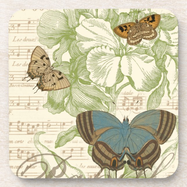 Butterflies on Sheet Music with Floral Design Coaster (Front)